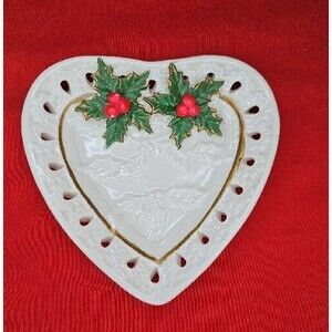 Heart Trinket Christmas Plate Holly Holiday Embossed Reticulated